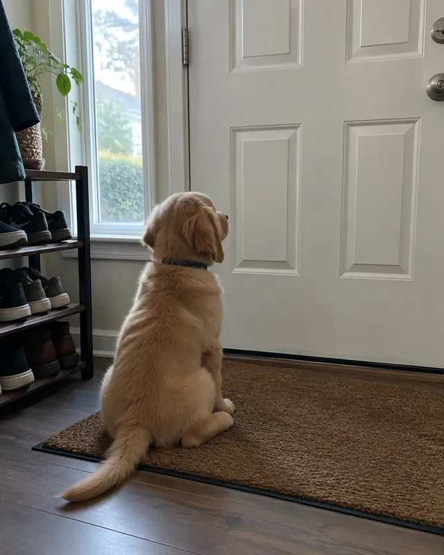 Golden retriever puppy waiting by the door